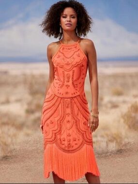 Women's Boston Proper Coral Halter Fringe Embellished Dress